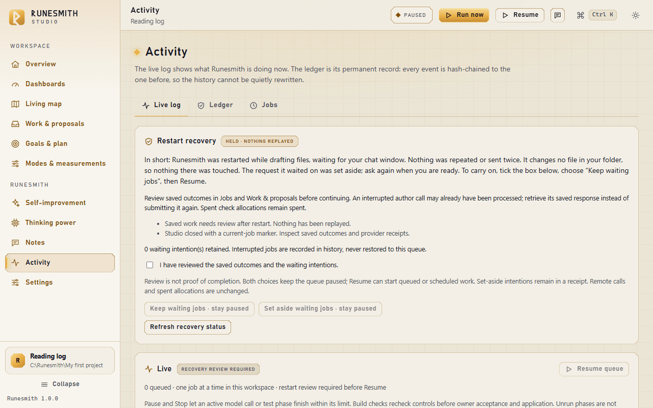 Activity: the "Restart recovery" card with its plain summary, the checkbox "I have reviewed the saved outcomes and the waiting intentions", and the buttons "Keep waiting jobs · stay paused" and "Set aside waiting jobs · stay paused".