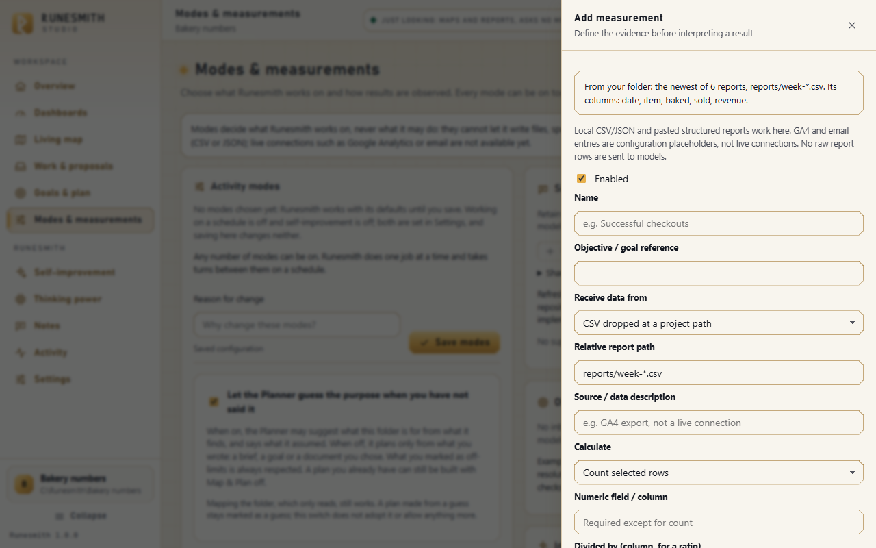 The "Add measurement" panel opened from the Overview. A note at the top reads "From your folder: the newest of 6 reports, reports/week-*.csv. Its columns: date, item, baked, sold, revenue", and "Relative report path" is already filled in with reports/week-*.csv.