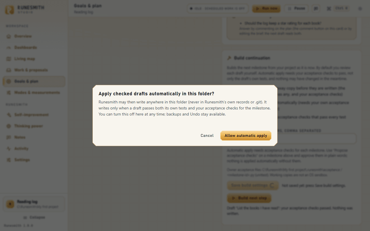 The confirmation dialog "Apply checked drafts automatically in this folder?", which names where Runesmith may write, with "Cancel" and "Allow automatic apply".