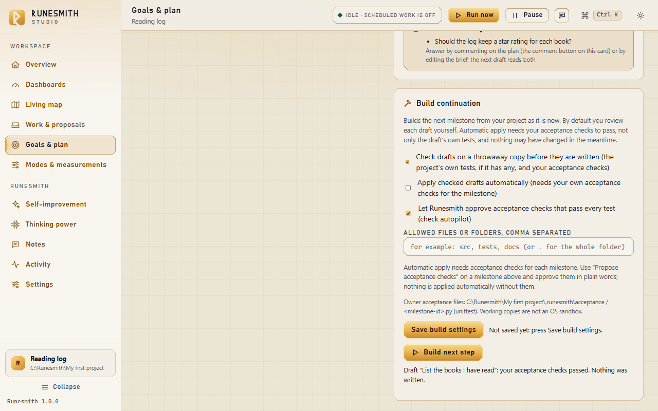 The Build continuation card with the check autopilot box ticked (and "Check drafts on a throwaway copy" ticked), before "Save build settings" is pressed.