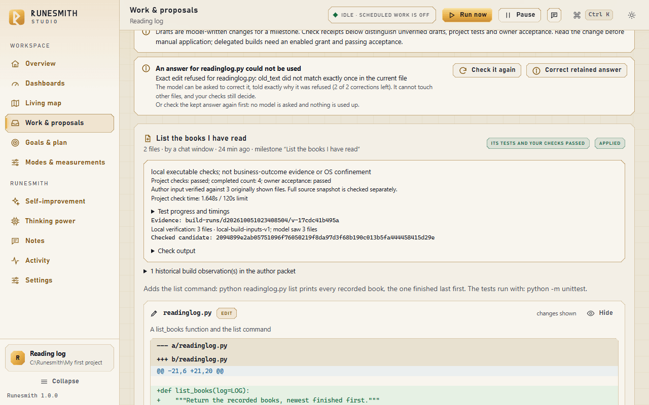 Work & proposals, Drafts: the card "An answer for readinglog.py could not be used" with the refusal reason and the buttons "Check it again" and "Correct retained answer", above an applied draft.