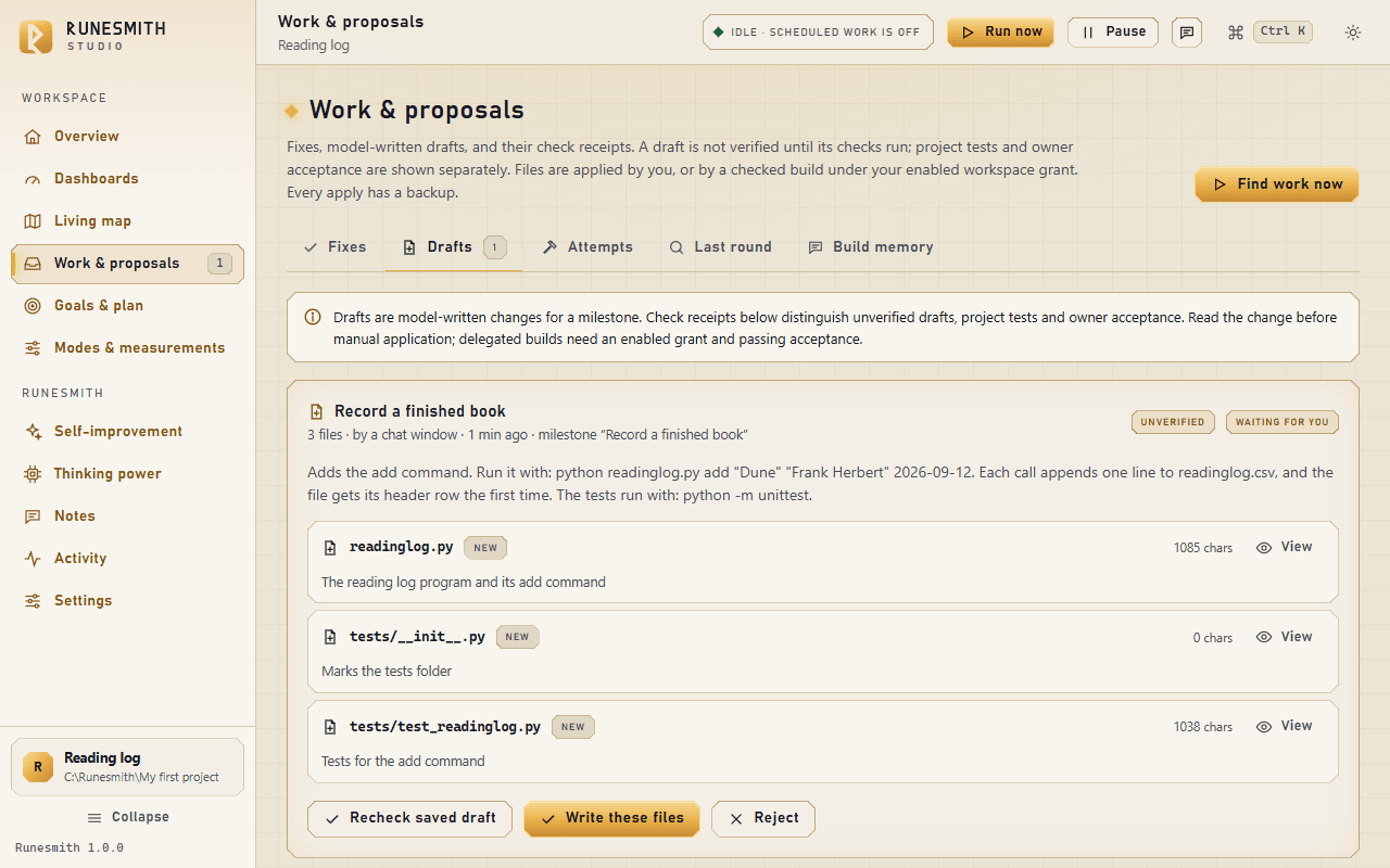 Work & proposals, Drafts tab: a new draft, "Record a finished book", with its three new files, badged "unverified", and the buttons "Recheck saved draft", "Write these files" and "Reject".