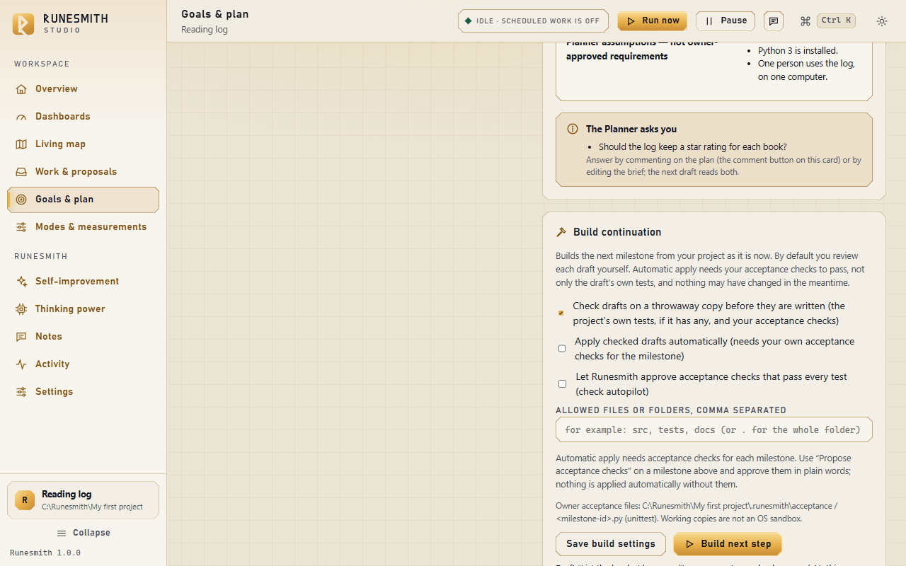 The "Build continuation" card on Goals & plan: the three checkboxes (check drafts on a throwaway copy, apply checked drafts automatically, check autopilot), the "Allowed files or folders" box, and the "Save build settings" and "Build next step" buttons.
