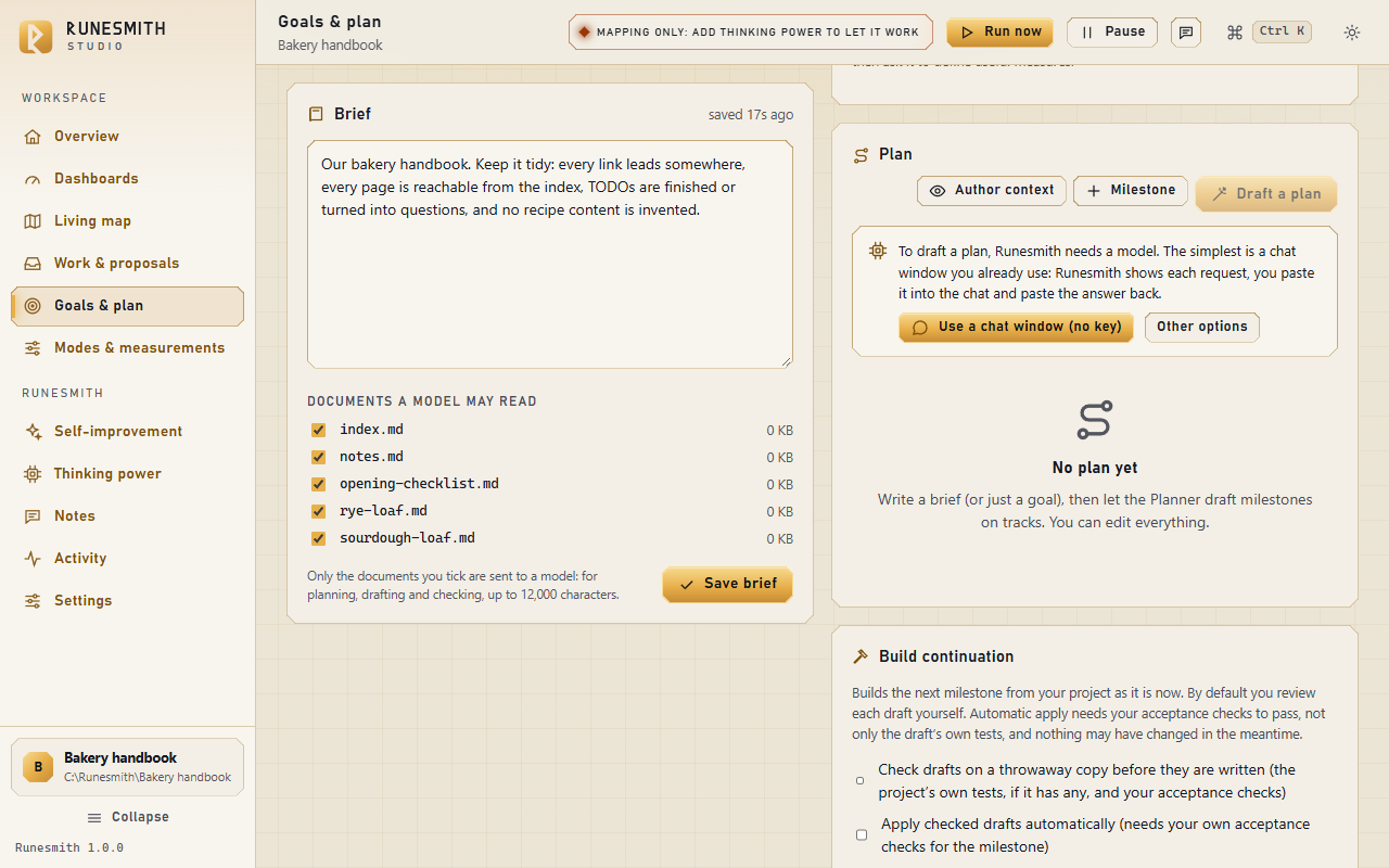 The Brief card on Goals & plan: the brief written in the text box, and under "Documents a model may read" all five Markdown pages ticked, with "Save brief" below.