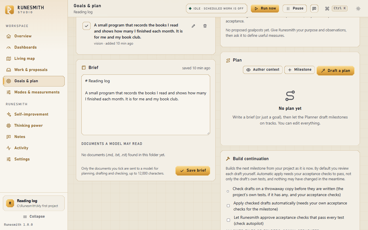Goals & plan with the Plan card in view: the "Author context", "Milestone" and "Draft a plan" buttons above the text "No plan yet".