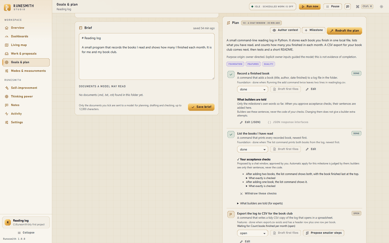 The Plan card on Goals & plan with the "Author context", "Milestone" and "Redraft the plan" buttons: two milestones are done, and the third, "Export the log to CSV for the book club", reads "Waiting for: Count books finished per month (open)".