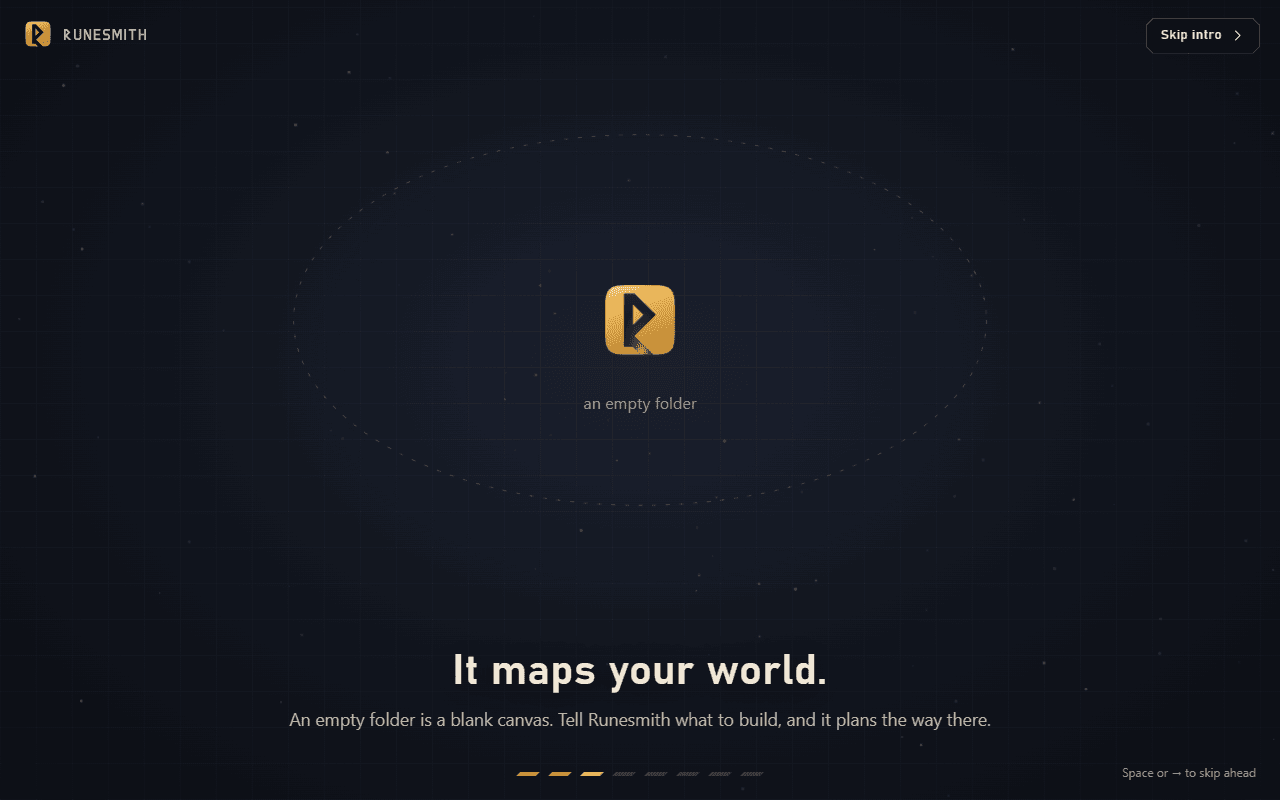 One scene of the introduction, "It maps your world.": the Runesmith mark inside a dashed ring labelled "an empty folder", with the "Skip intro" button in the top corner.