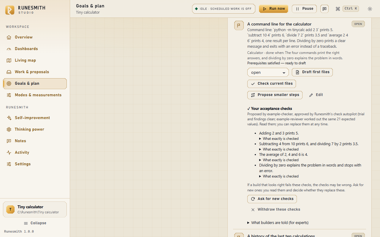 A milestone card on Goals & plan reading "Proposed by [a model], approved by Runesmith’s check autopilot", followed by the reason, the four checks in plain sentences, and the "Ask for new checks" and "Withdraw these checks" buttons.