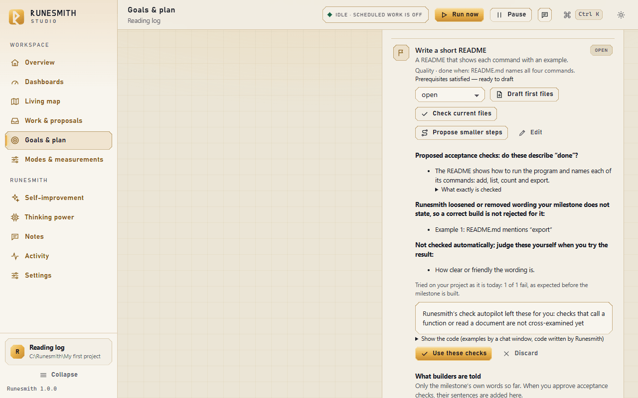 A milestone card for "Write a short README" with waiting proposed checks and the note "Runesmith's check autopilot left these for you", followed by the buttons "Use these checks" and "Discard".