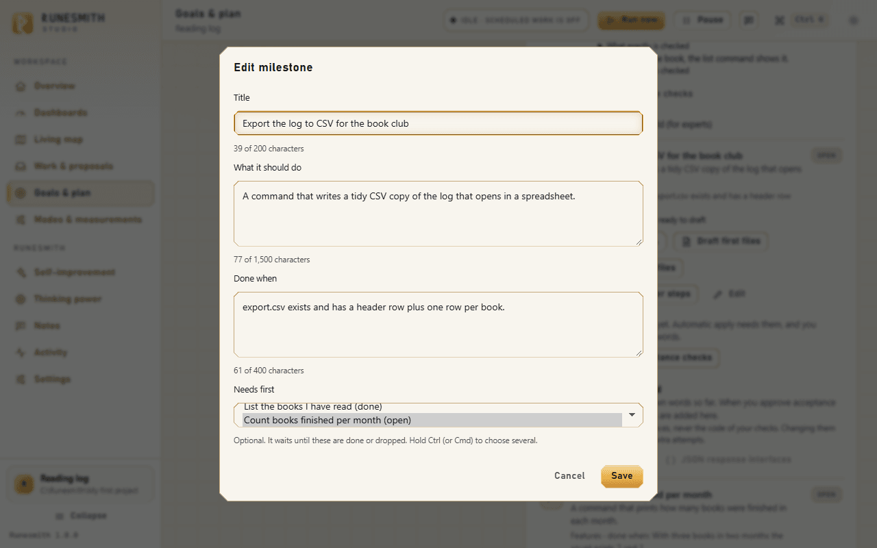 The "Edit milestone" form with the "Needs first" list at the bottom, where one other milestone ("Count books finished per month (open)") is chosen.