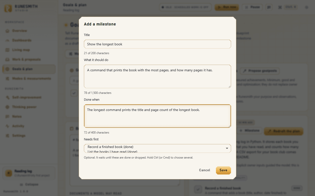 The "Add a milestone" form with Title, "What it should do" and "Done when" filled in; each field has its character counter under it.