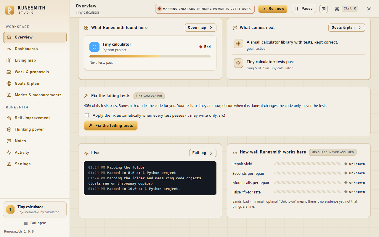 The Overview with the "Fix the failing tests" card: "40% of its tests pass", the box to apply the fix automatically, and the "Fix the failing tests" button.