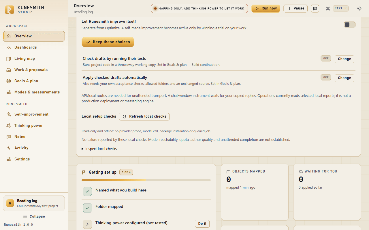The Overview page scrolled to the lower part of the "How Runesmith may work here" card (the "Keep these choices" button and the two read-only lines about checking and applying drafts) and, below it, the "Getting set up" checklist with 3 of 6 steps done.