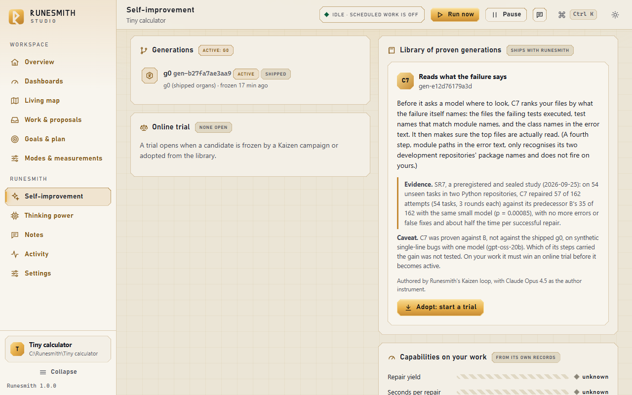 The Self-improvement page before adopting: the "Library of proven generations" card with its one candidate generation and the "Adopt: start a trial" button; to its left the "Generations" card and an "Online trial" card that reads "none open".