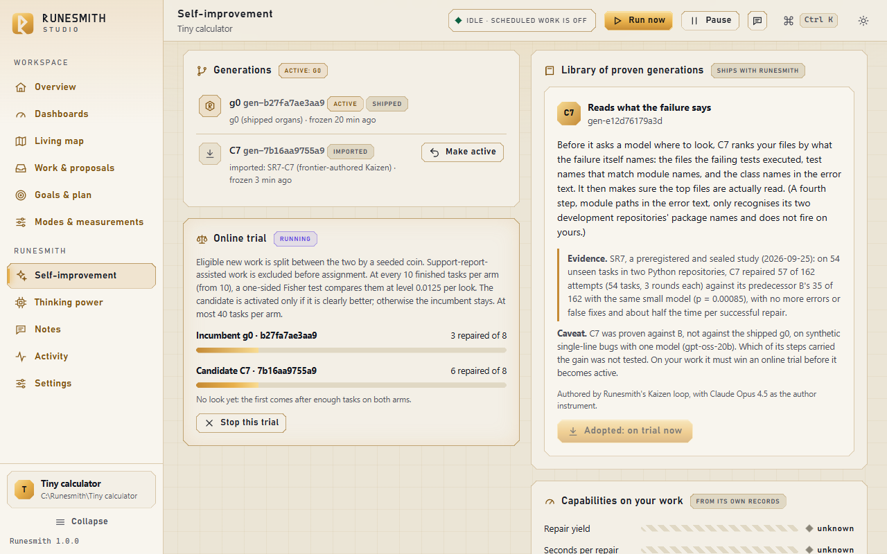 The Self-improvement page with the trial open: the "Online trial" card shows two bars, "Incumbent: 3 repaired of 8" and "Candidate: 6 repaired of 8", with "Stop this trial" below; the library button now reads "Adopted: on trial now".