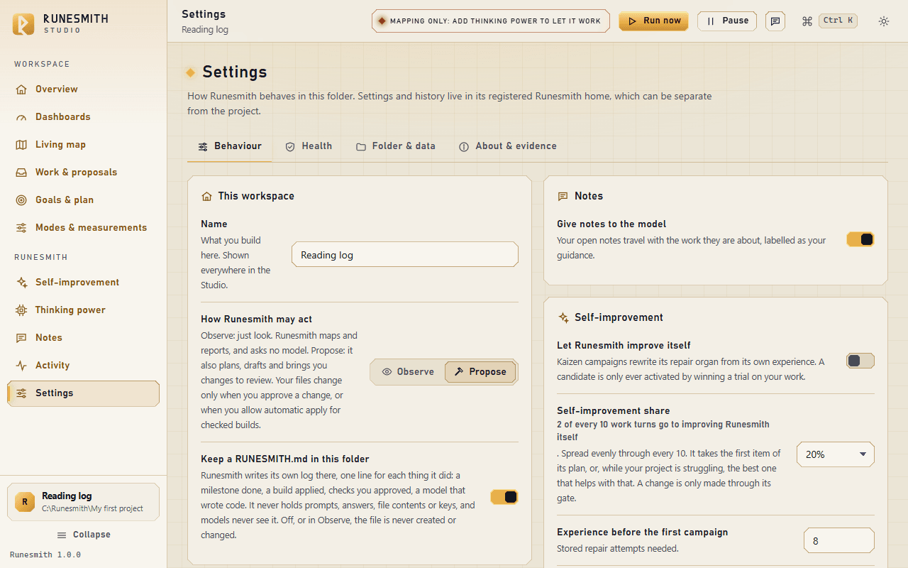 Settings, Behaviour tab: the "This workspace" card (Name, How Runesmith may act, the RUNESMITH.md switch) beside the Notes and Self-improvement cards. The Rhythm, "Running on its own" and Mapping cards follow further down the same tab.
