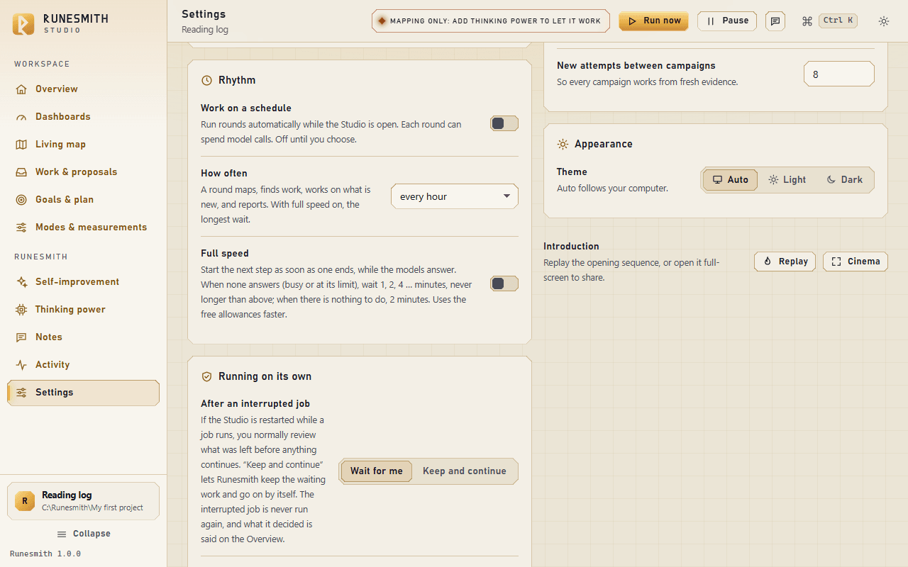 The Rhythm card on Settings, Behaviour tab: "Work on a schedule" (off), the "How often" drop-down set to every hour, and "Full speed" (off).