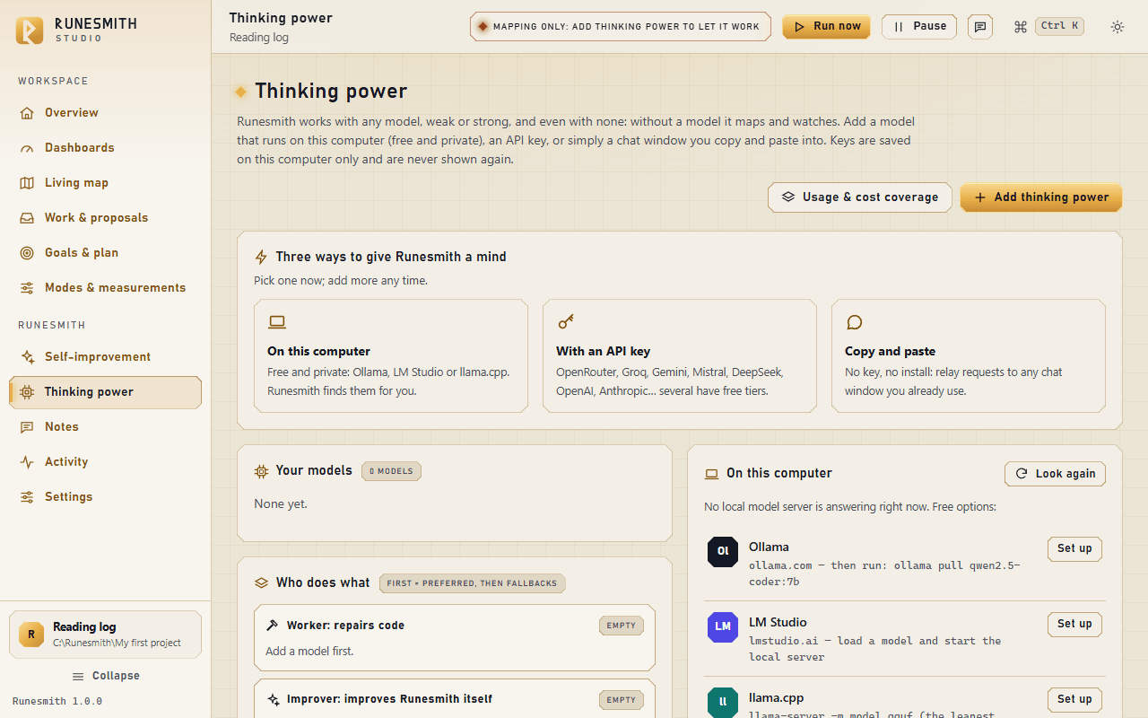 The Thinking power page before any model is added: the card "Three ways to give Runesmith a mind" (On this computer, With an API key, Copy and paste) above "Your models: None yet".