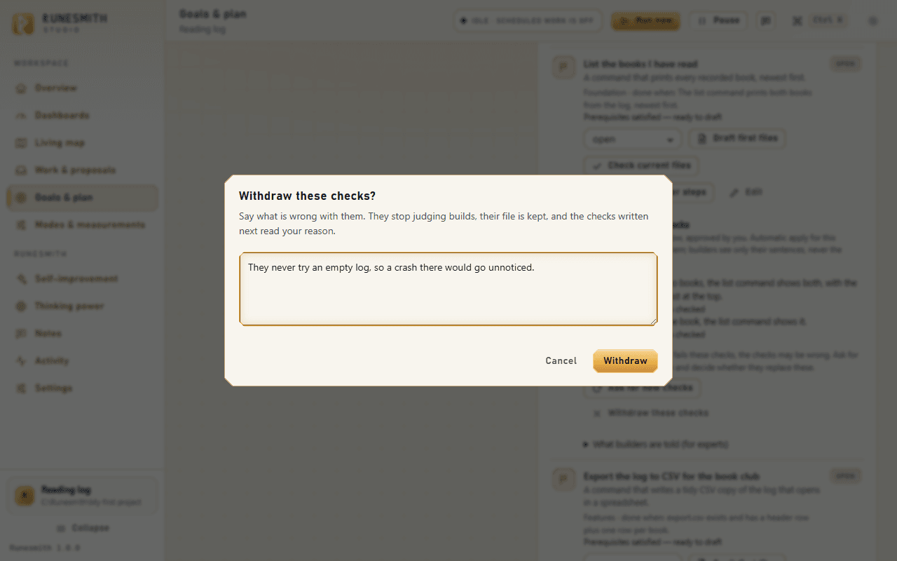 The "Withdraw these checks?" box with a reason typed in and the buttons "Cancel" and "Withdraw".