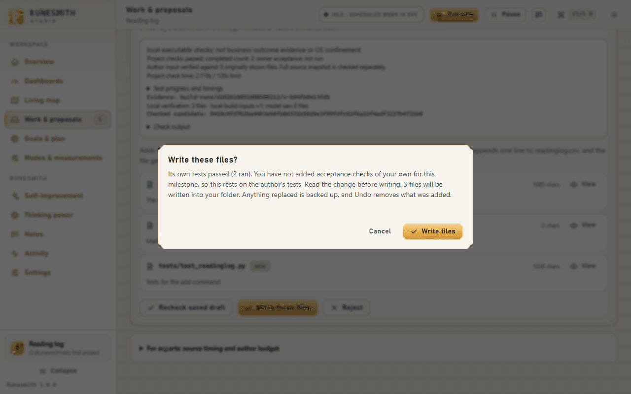The "Write these files?" confirmation dialog: it says the draft's own tests passed, that there are no acceptance checks of your own for this milestone, and offers "Cancel" and "Write files".
