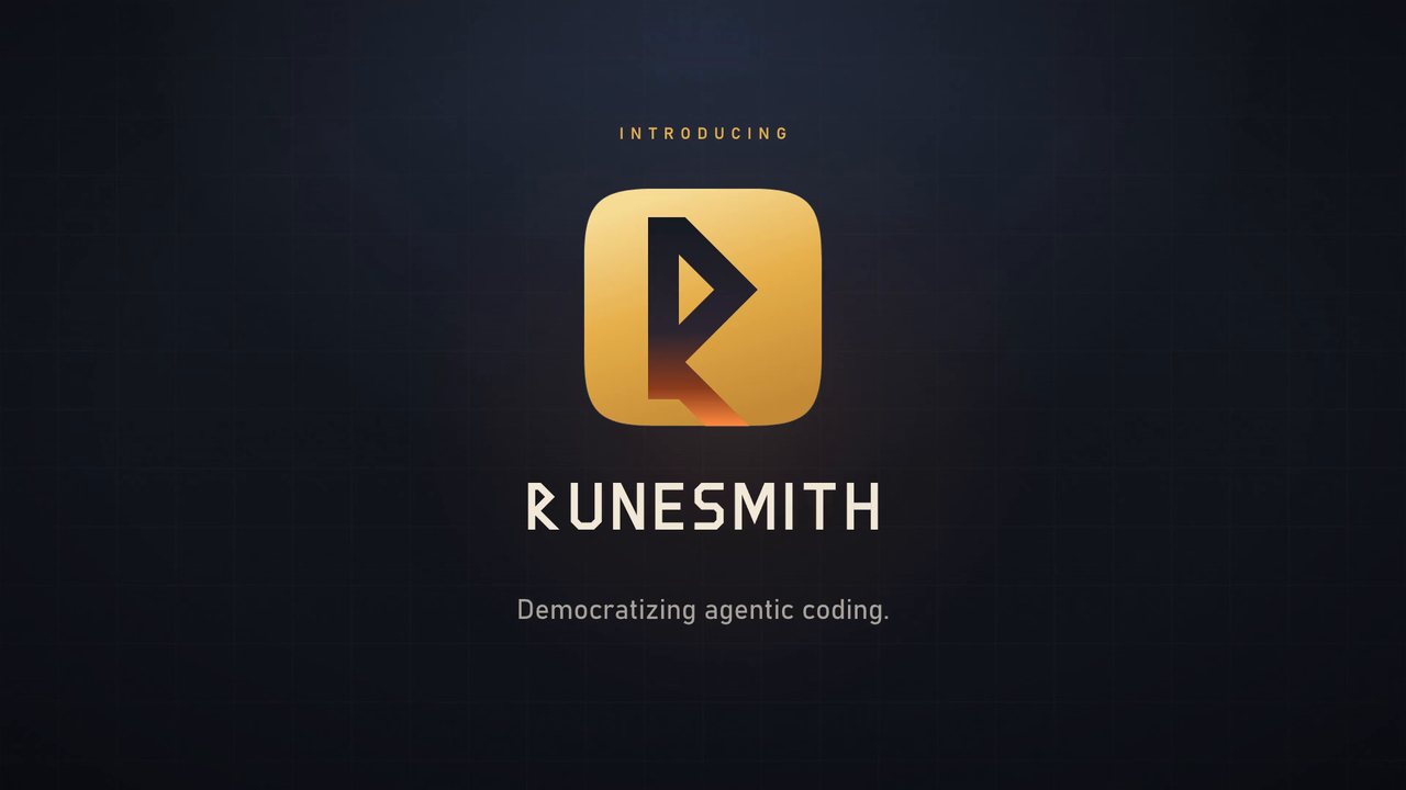Title card of the film: the Runesmith mark, the word Runesmith, and the line Democratizing agentic coding.