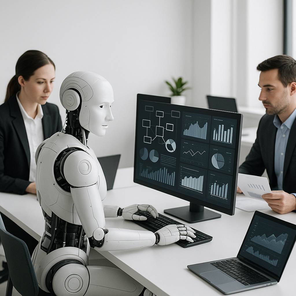AIdrevet automatisering som effektiviserer kontorarbeid med digital arbeidsflyt og dataanalyse i et minimalistisk ryddig bedriftsmiljø
